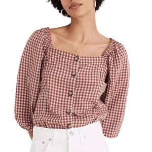 Madewell Gingham Seersucker Puff Sleeves Button Front Top